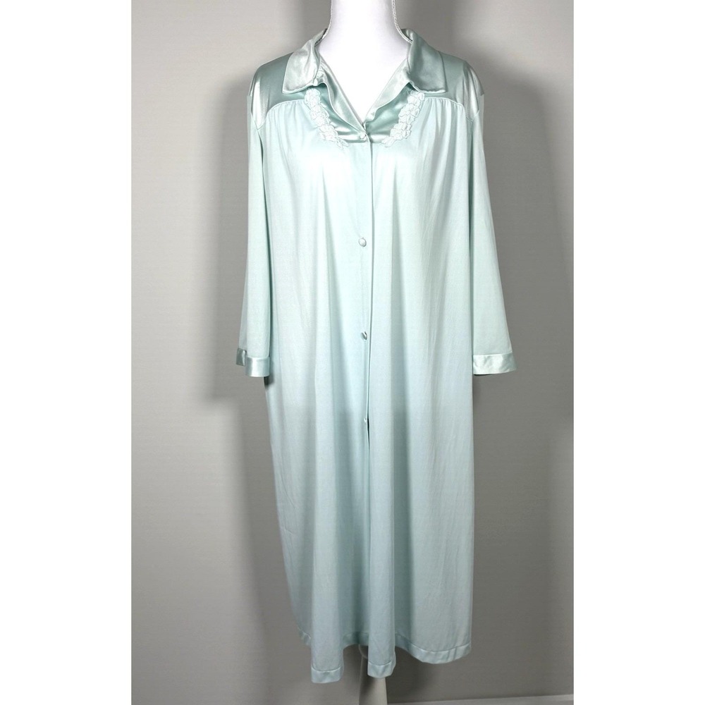 Vintage Vanity Fair Mint Green Nylon Button Front Housecoat Robe M Pocket